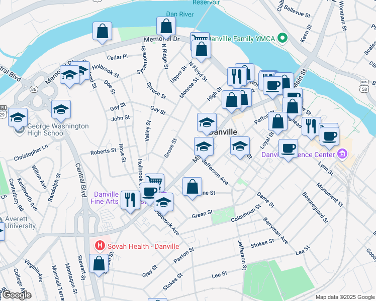map of restaurants, bars, coffee shops, grocery stores, and more near 15-31 Jefferson Avenue Exd in Danville