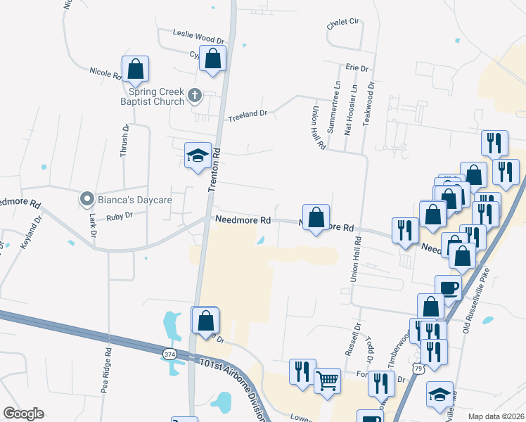 map of restaurants, bars, coffee shops, grocery stores, and more near 319 Needmore Court in Clarksville