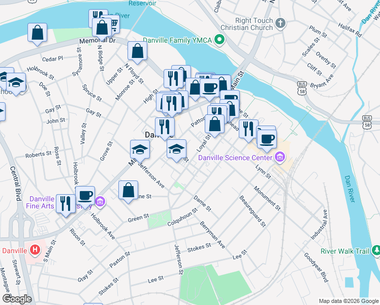 map of restaurants, bars, coffee shops, grocery stores, and more near 231 South Ridge Street in Danville