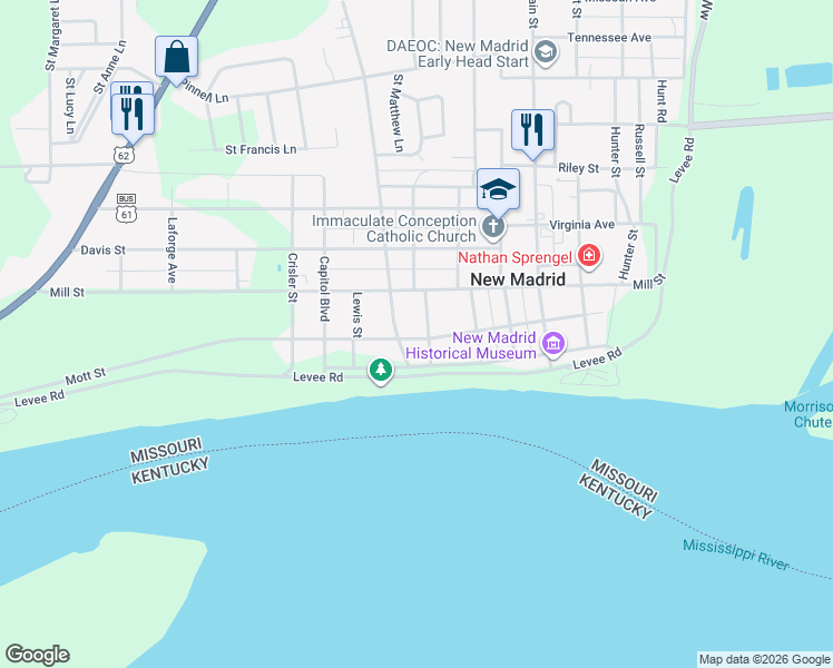 map of restaurants, bars, coffee shops, grocery stores, and more near 823 Mott Street in New Madrid