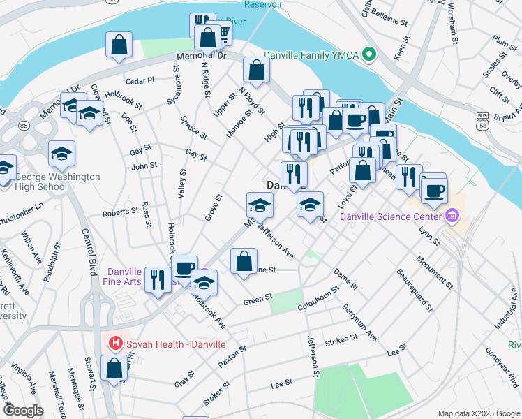 map of restaurants, bars, coffee shops, grocery stores, and more near 772 Main Street in Danville