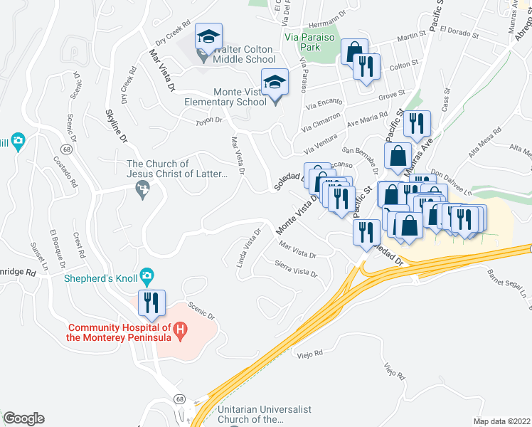 map of restaurants, bars, coffee shops, grocery stores, and more near 3102 Golden Oaks Lane in Monterey