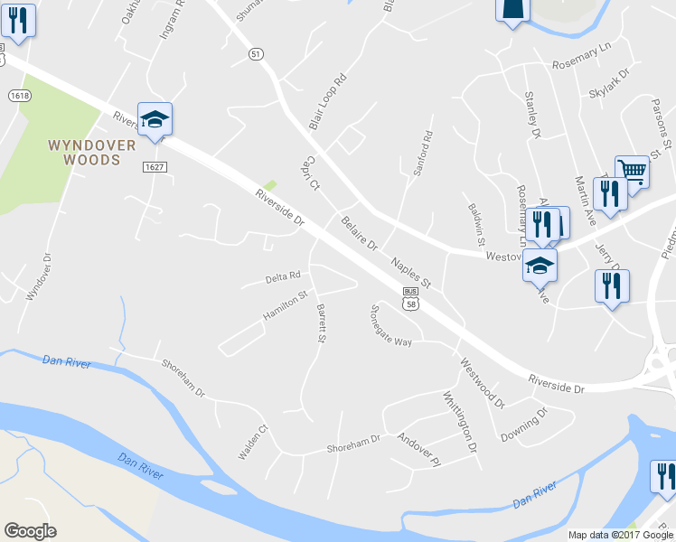 map of restaurants, bars, coffee shops, grocery stores, and more near 133 Melbourne Circle in Danville