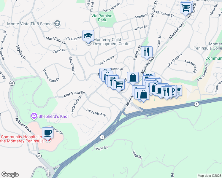 map of restaurants, bars, coffee shops, grocery stores, and more near 57 Soledad Drive in Monterey