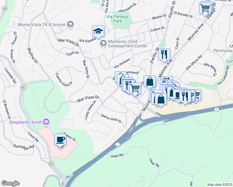 map of restaurants, bars, coffee shops, grocery stores, and more near 57 Soledad Drive in Monterey