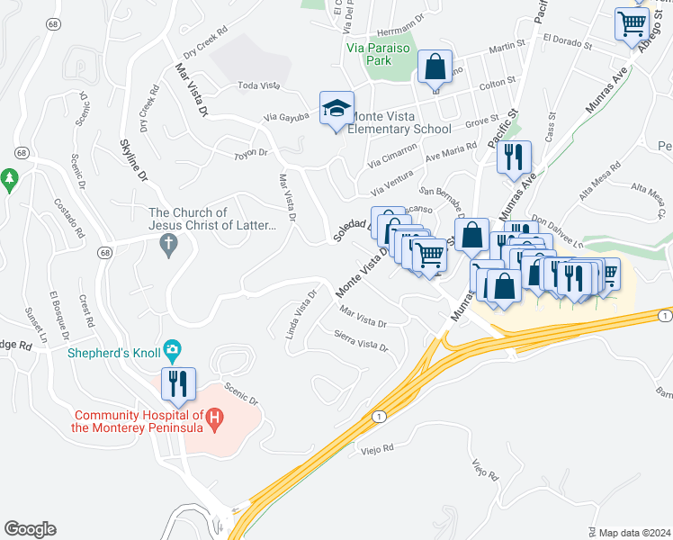 map of restaurants, bars, coffee shops, grocery stores, and more near 3102 Golden Oaks Lane in Monterey