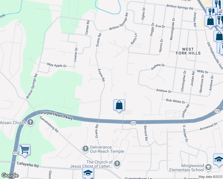 map of restaurants, bars, coffee shops, grocery stores, and more near 1821 Evans Road in Clarksville