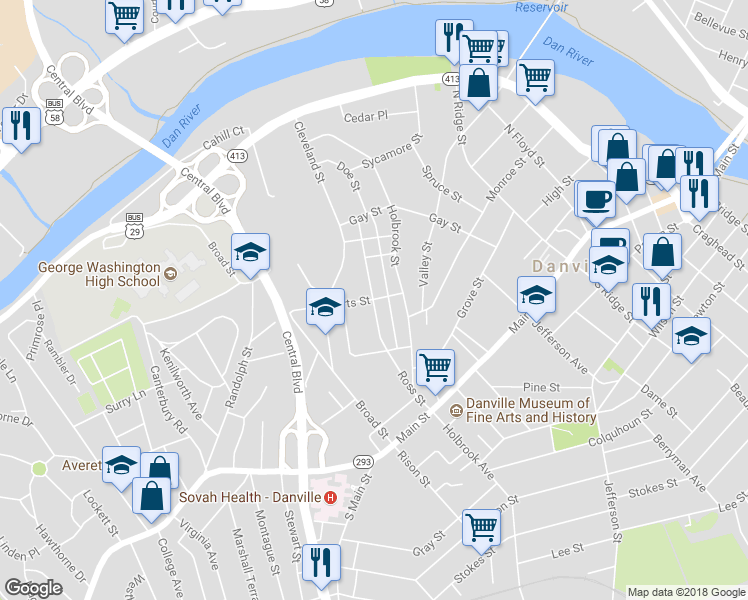 map of restaurants, bars, coffee shops, grocery stores, and more near 923 Roberts Street in Danville