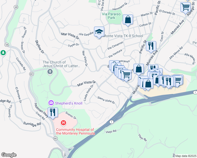 map of restaurants, bars, coffee shops, grocery stores, and more near 3107 Golden Oaks Lane in Monterey