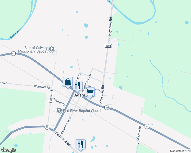 map of restaurants, bars, coffee shops, grocery stores, and more near 207 Maple Street in Adams