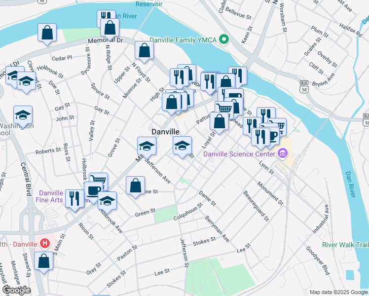 map of restaurants, bars, coffee shops, grocery stores, and more near 230 South Ridge Street in Danville