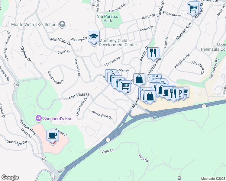 map of restaurants, bars, coffee shops, grocery stores, and more near 57 Soledad Drive in Monterey