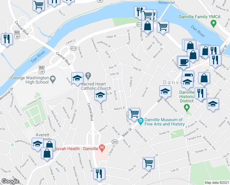 map of restaurants, bars, coffee shops, grocery stores, and more near 200 Roberts Street in Danville
