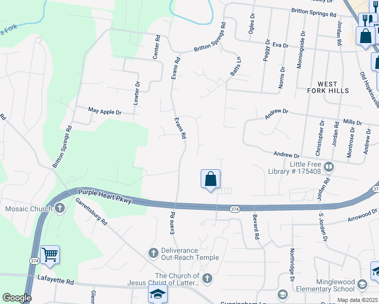map of restaurants, bars, coffee shops, grocery stores, and more near 1821 Evans Road in Clarksville