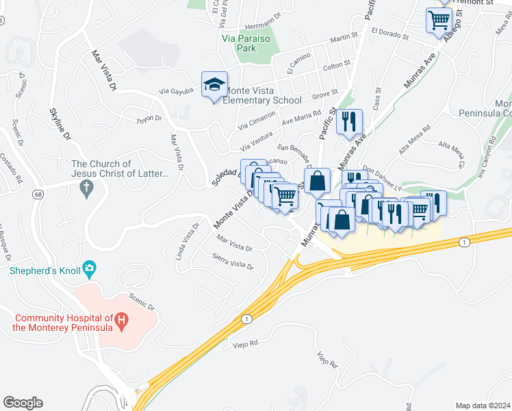 map of restaurants, bars, coffee shops, grocery stores, and more near 57 Soledad Drive in Monterey