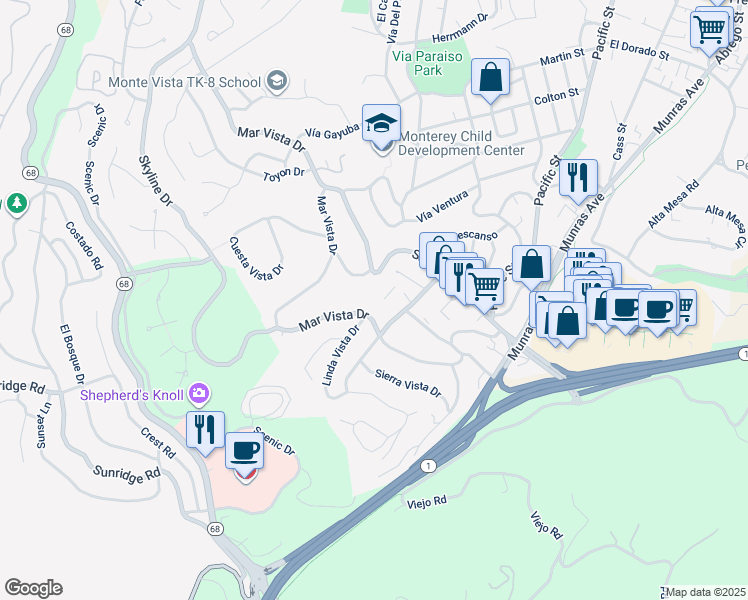 map of restaurants, bars, coffee shops, grocery stores, and more near 3102 Golden Oaks Lane in Monterey