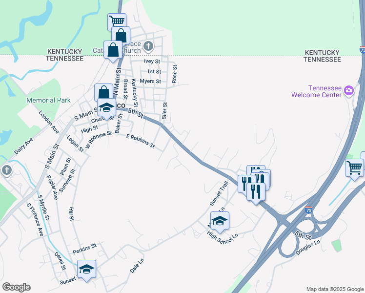 map of restaurants, bars, coffee shops, grocery stores, and more near 844 5th Street in Jellico