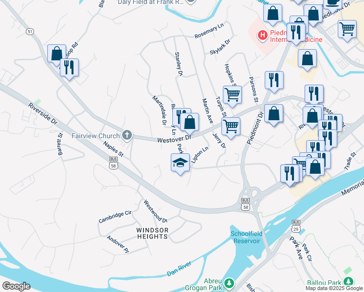 map of restaurants, bars, coffee shops, grocery stores, and more near 696 Park Avenue in Danville