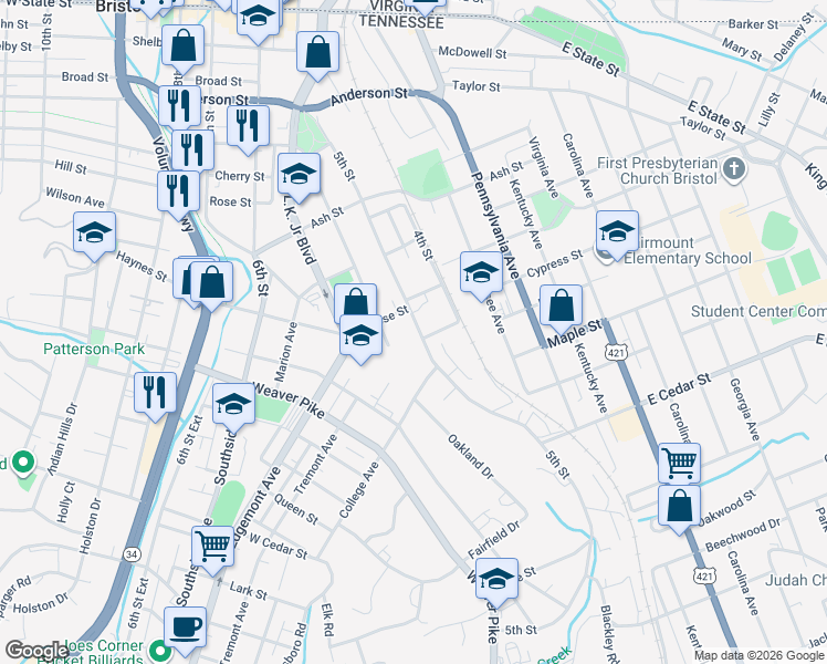 map of restaurants, bars, coffee shops, grocery stores, and more near 818 5th Street in Bristol
