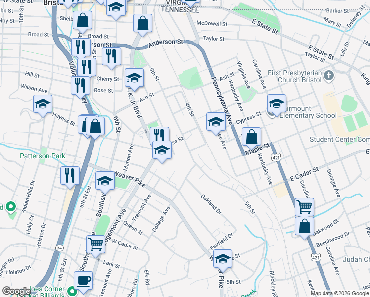 map of restaurants, bars, coffee shops, grocery stores, and more near 818 5th Street in Bristol