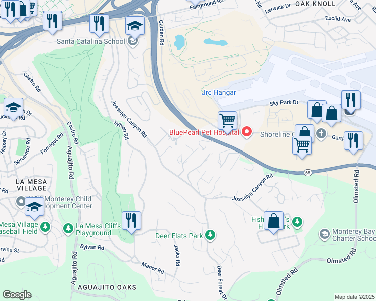 map of restaurants, bars, coffee shops, grocery stores, and more near 1249 Josselyn Canyon Road in Monterey