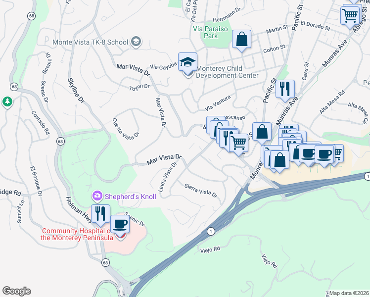 map of restaurants, bars, coffee shops, grocery stores, and more near 3104 Golden Oaks Lane in Monterey