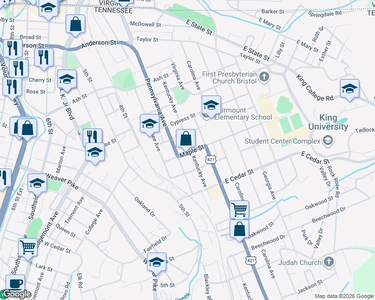 map of restaurants, bars, coffee shops, grocery stores, and more near 930 Kentucky Avenue in Bristol