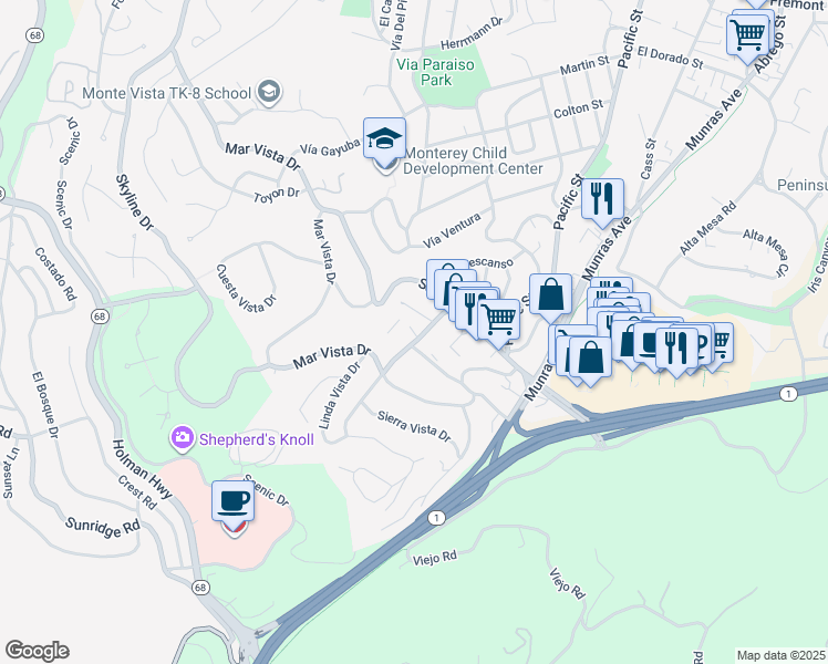 map of restaurants, bars, coffee shops, grocery stores, and more near 4204 Golden Oaks Lane in Monterey