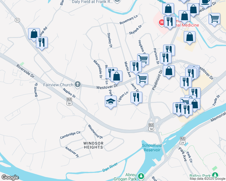 map of restaurants, bars, coffee shops, grocery stores, and more near 696 Park Avenue in Danville
