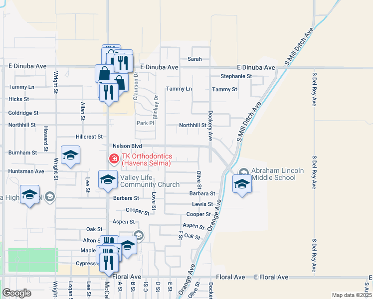 map of restaurants, bars, coffee shops, grocery stores, and more near 1467 Nelson Boulevard in Selma