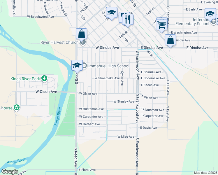 map of restaurants, bars, coffee shops, grocery stores, and more near 1395 South Rupert Avenue in Reedley