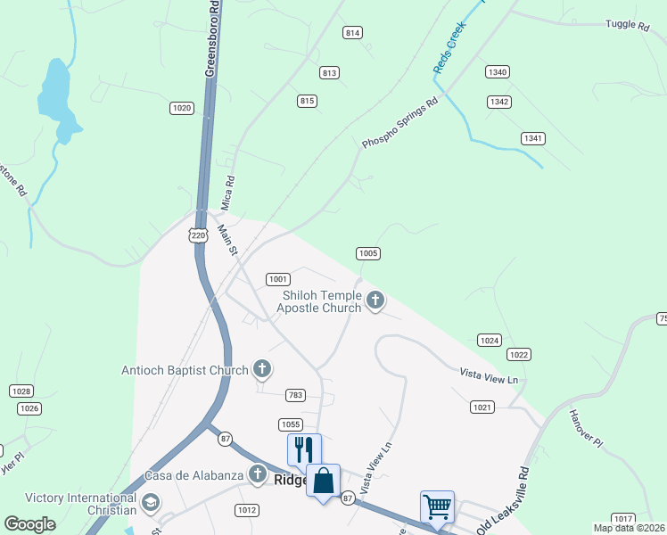 map of restaurants, bars, coffee shops, grocery stores, and more near 197 Wickersham Road in Ridgeway