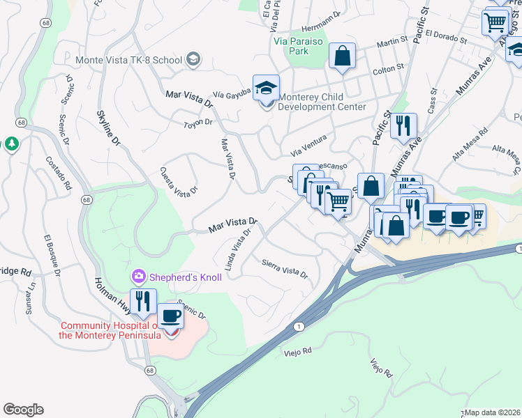 map of restaurants, bars, coffee shops, grocery stores, and more near 3102 Golden Oaks Lane in Monterey