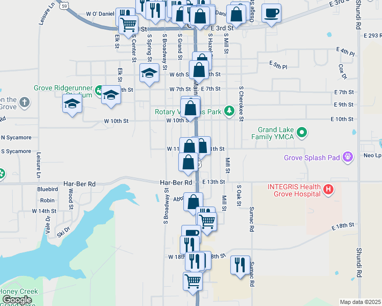 map of restaurants, bars, coffee shops, grocery stores, and more near 1102 South Main Street in Grove
