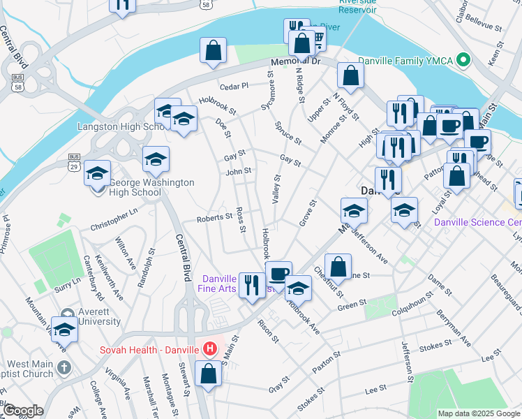 map of restaurants, bars, coffee shops, grocery stores, and more near 101 Roberts Street in Danville