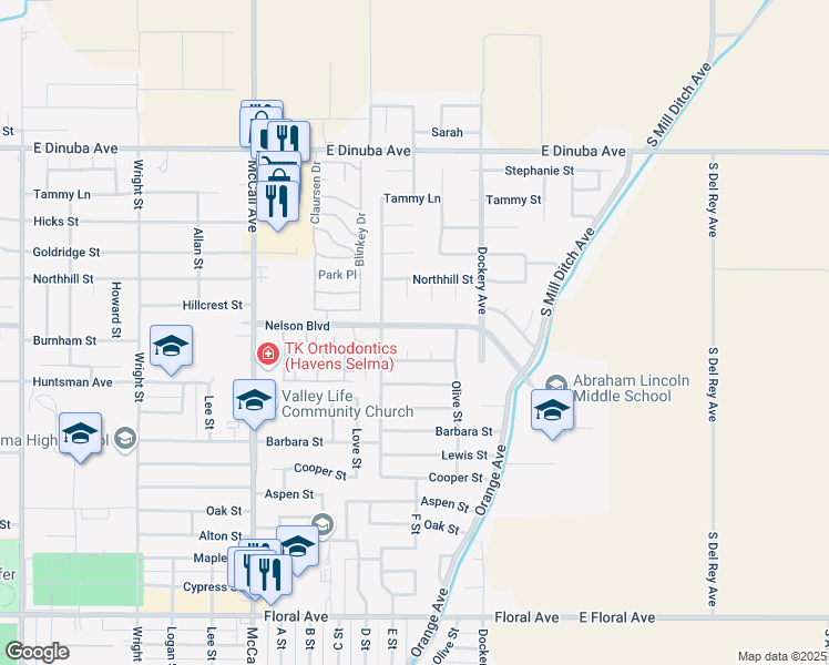 map of restaurants, bars, coffee shops, grocery stores, and more near 1467 Nelson Boulevard in Selma