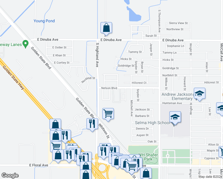 map of restaurants, bars, coffee shops, grocery stores, and more near 3496 Jordan Avenue in Selma