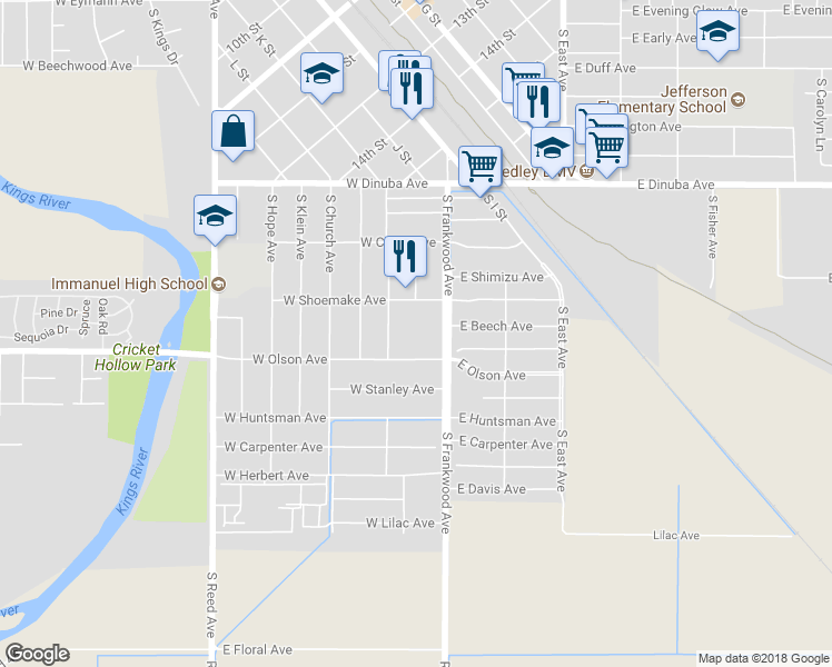 map of restaurants, bars, coffee shops, grocery stores, and more near 1329 South Frankwood Avenue in Reedley