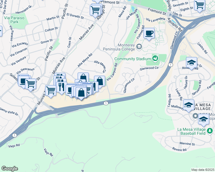 map of restaurants, bars, coffee shops, grocery stores, and more near 200 Iris Canyon Road in Monterey