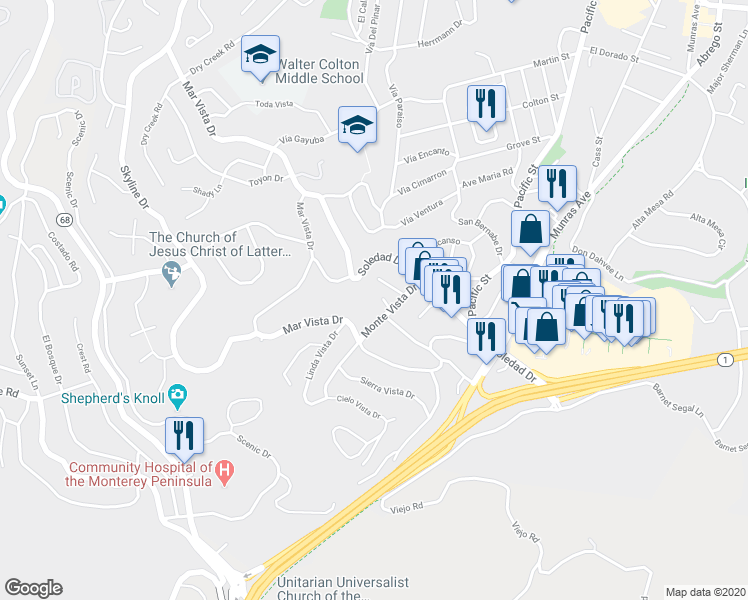 map of restaurants, bars, coffee shops, grocery stores, and more near 1109 Golden Oaks Lane in Monterey