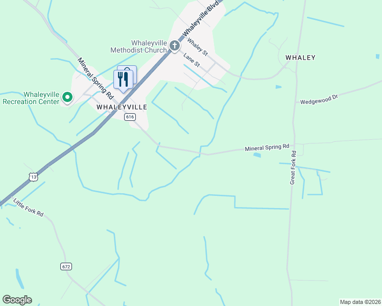 map of restaurants, bars, coffee shops, grocery stores, and more near 238 County Road 616 in Suffolk