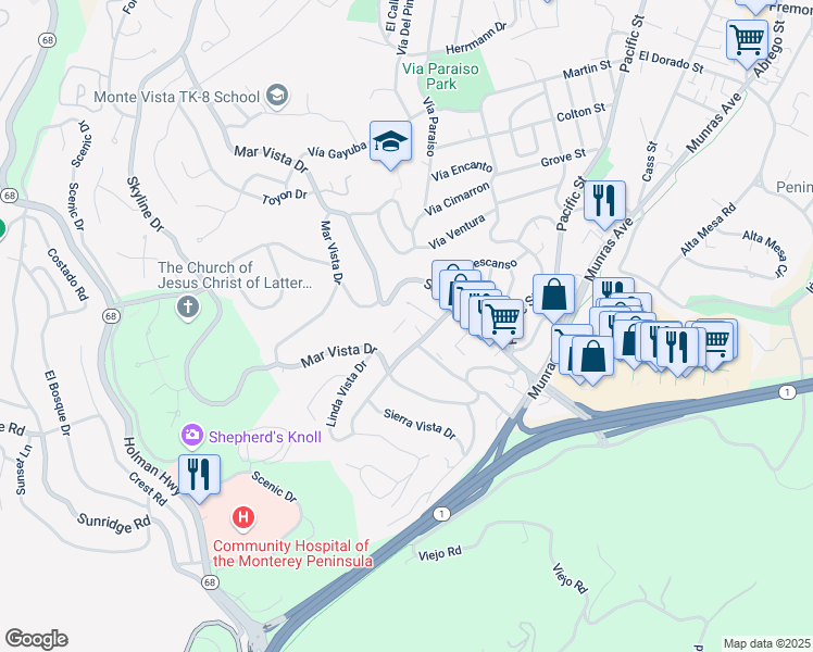 map of restaurants, bars, coffee shops, grocery stores, and more near 1109 Golden Oaks Lane in Monterey