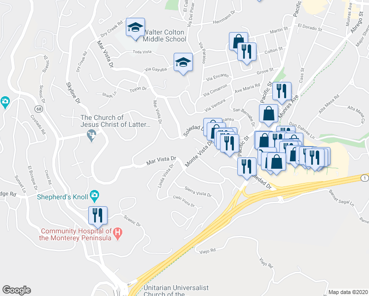 map of restaurants, bars, coffee shops, grocery stores, and more near 2308 Golden Oaks Lane in Monterey