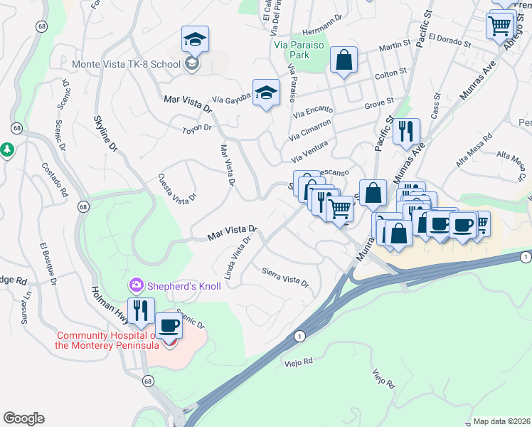 map of restaurants, bars, coffee shops, grocery stores, and more near 3102 Golden Oaks Lane in Monterey