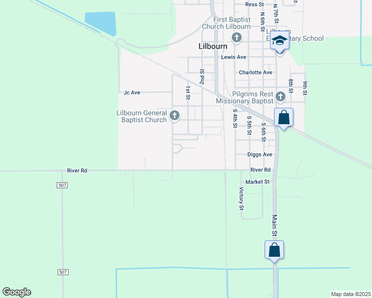 map of restaurants, bars, coffee shops, grocery stores, and more near 1 Blades Drive in Lilbourn