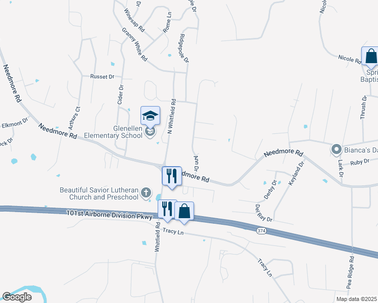 map of restaurants, bars, coffee shops, grocery stores, and more near 2726 Ann Drive in Clarksville