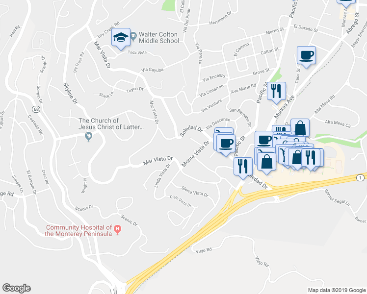 map of restaurants, bars, coffee shops, grocery stores, and more near 3102 Golden Oaks Lane in Monterey