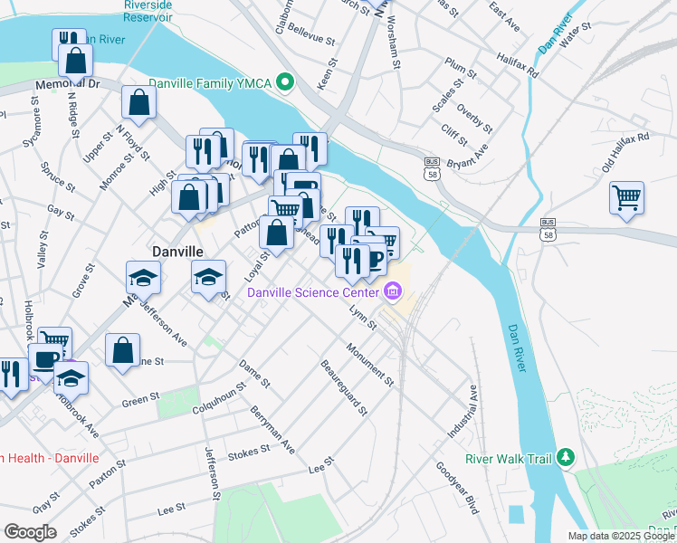 map of restaurants, bars, coffee shops, grocery stores, and more near 559-599 Lynn St in Danville