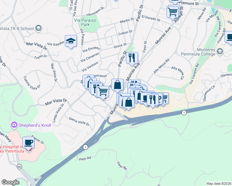map of restaurants, bars, coffee shops, grocery stores, and more near 70 Via Buena Vista in Monterey