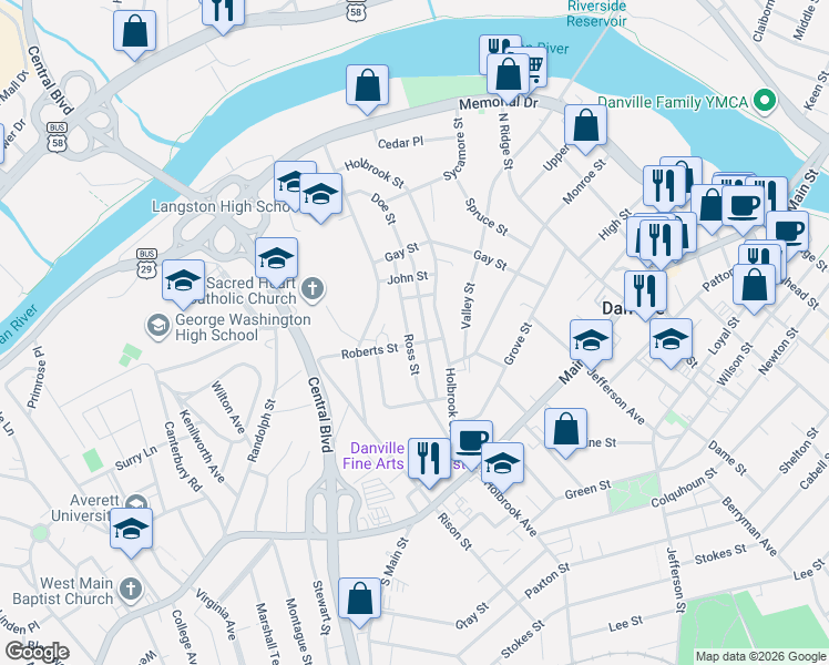 map of restaurants, bars, coffee shops, grocery stores, and more near 305 Ross Street in Danville
